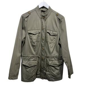 Roz & Ali Womens Sz 1X Green Rhinestone Stud Cinch Waist Military Safari Jacket